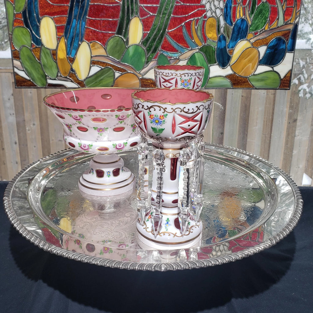 Mantle Lusters Set: Czech Pink Glass - Gold Trim, Matching Bowl