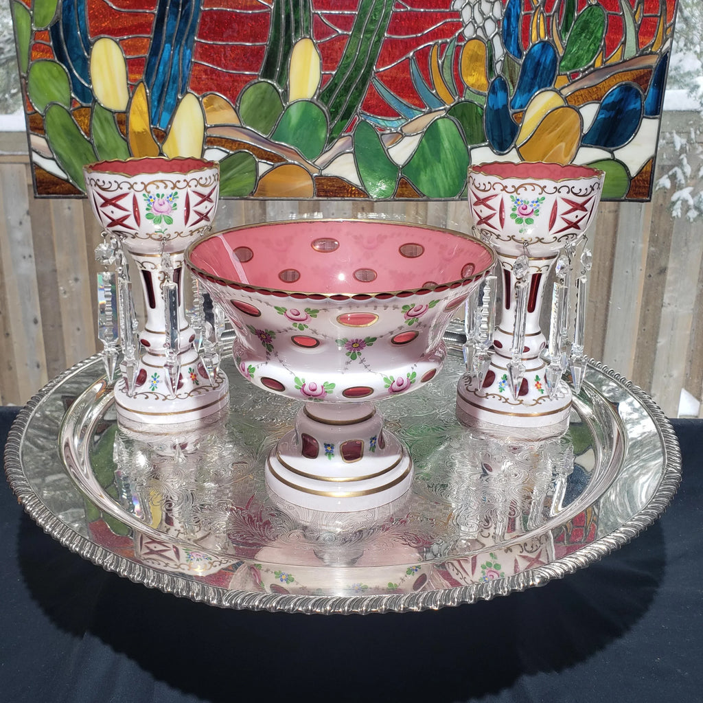 Mantle Lusters Set: Czech Pink Glass - Gold Trim, Matching Bowl