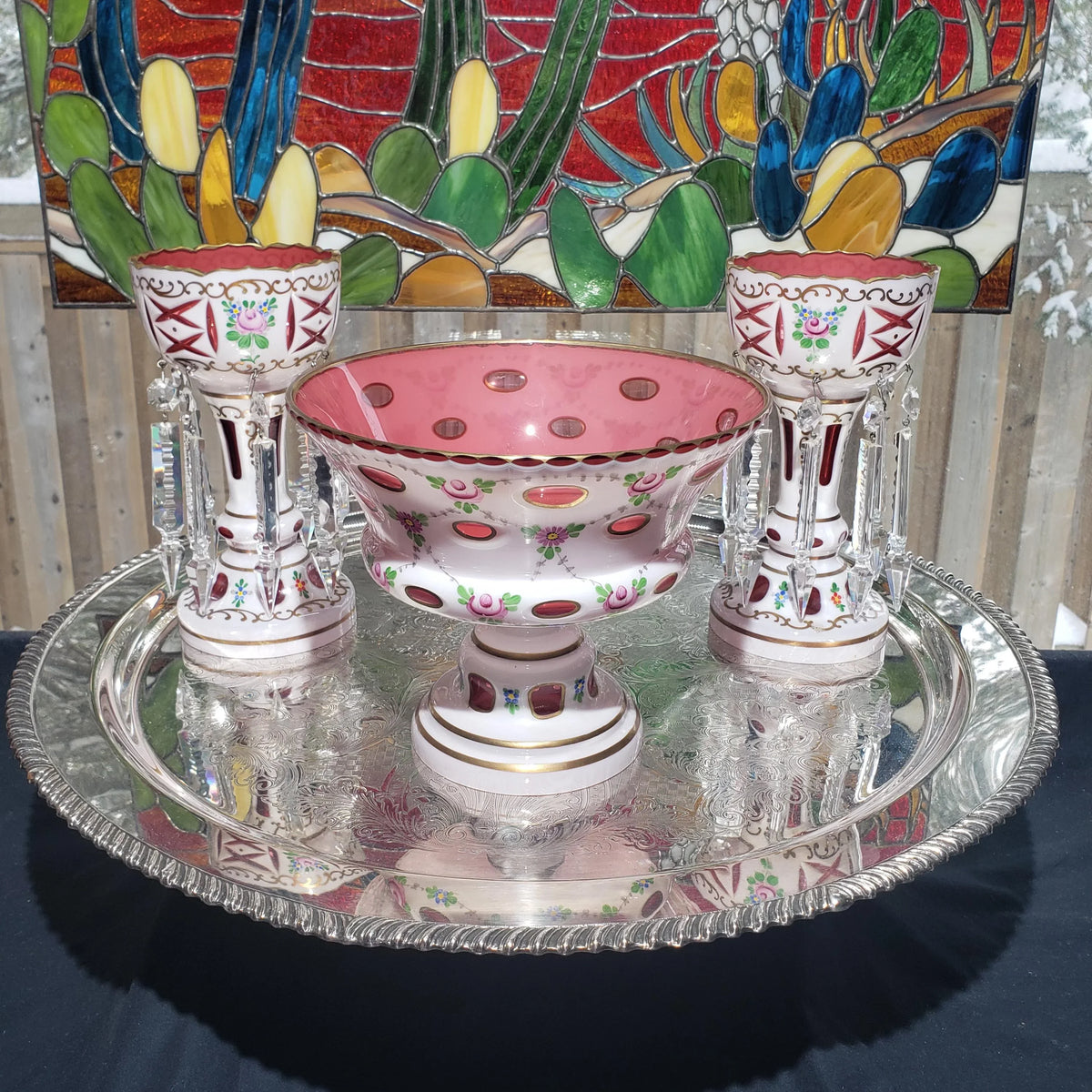 Mantle Lusters Set: Czech Pink Glass - Gold Trim, Matching Bowl