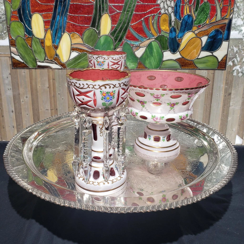 Mantle Lusters Set: Czech Pink Glass - Gold Trim, Matching Bowl