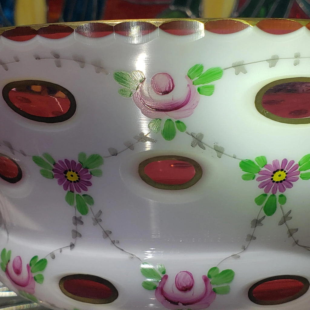 Mantle Lusters Set: Czech Pink Glass - Gold Trim, Matching Bowl