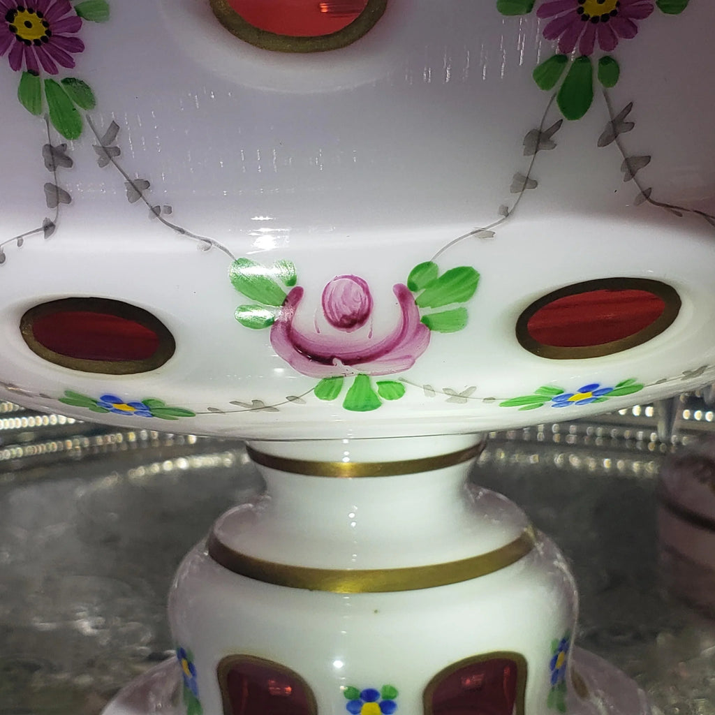 Mantle Lusters Set: Czech Pink Glass - Gold Trim, Matching Bowl