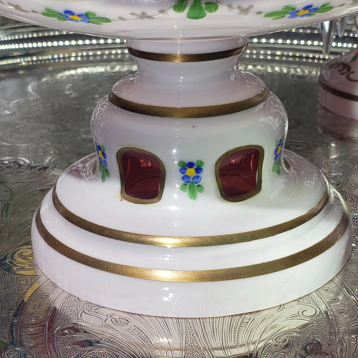 Mantle Lusters Set: Czech Pink Glass - Gold Trim, Matching Bowl