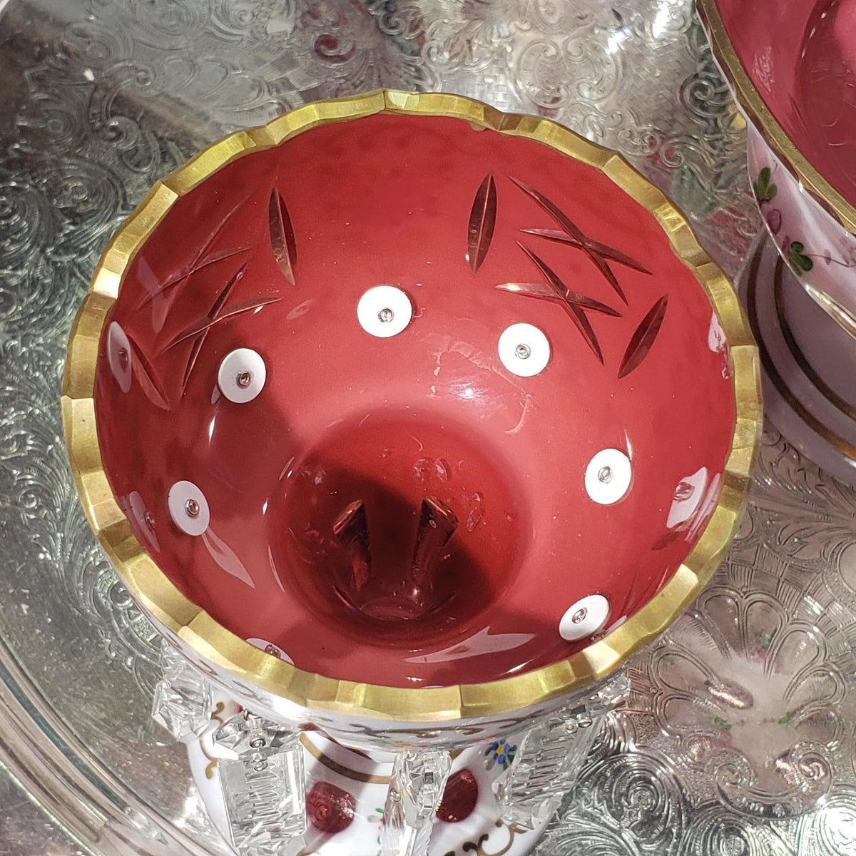Mantle Lusters Set: Czech Pink Glass - Gold Trim, Matching Bowl