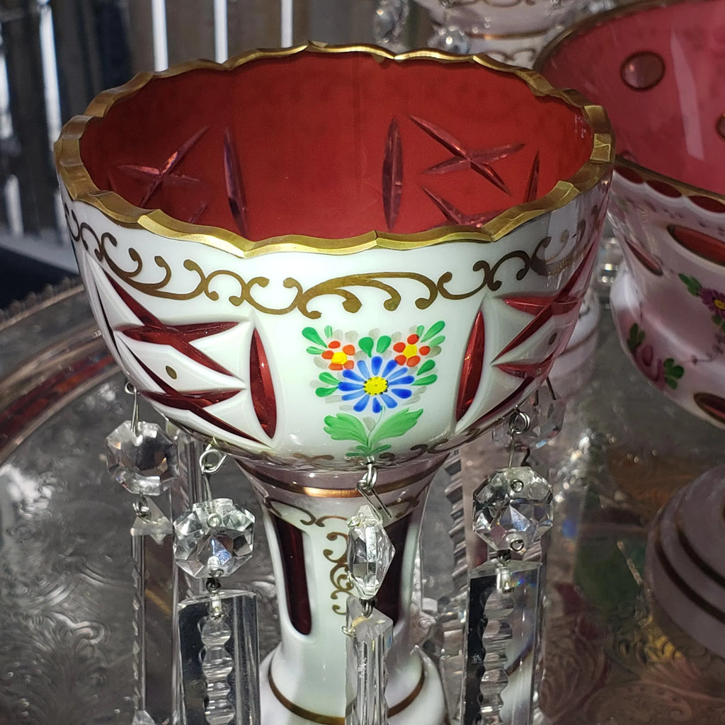 Mantle Lusters Set: Czech Pink Glass - Gold Trim, Matching Bowl