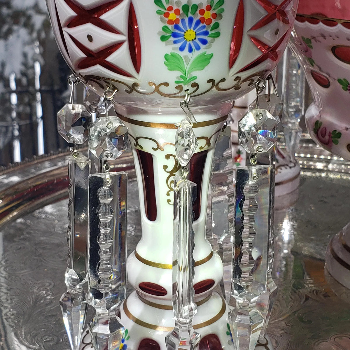 Mantle Lusters Set: Czech Pink Glass - Gold Trim, Matching Bowl