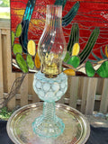 Blue Coin Dot Oil Lamp - Rare Swirl Chimney, Chevron Stand