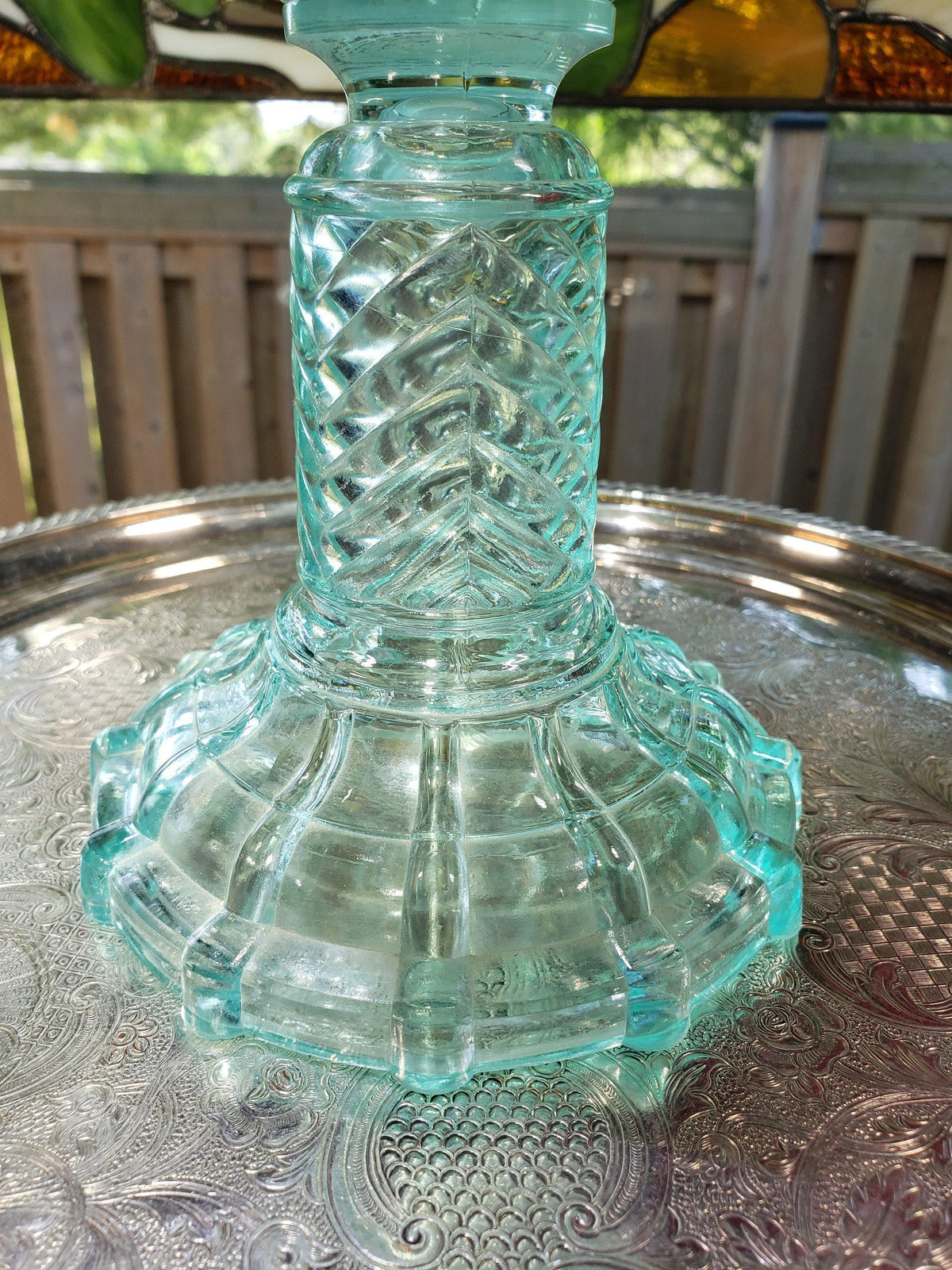 Blue Coin Dot Oil Lamp - Rare Swirl Chimney, Chevron Stand