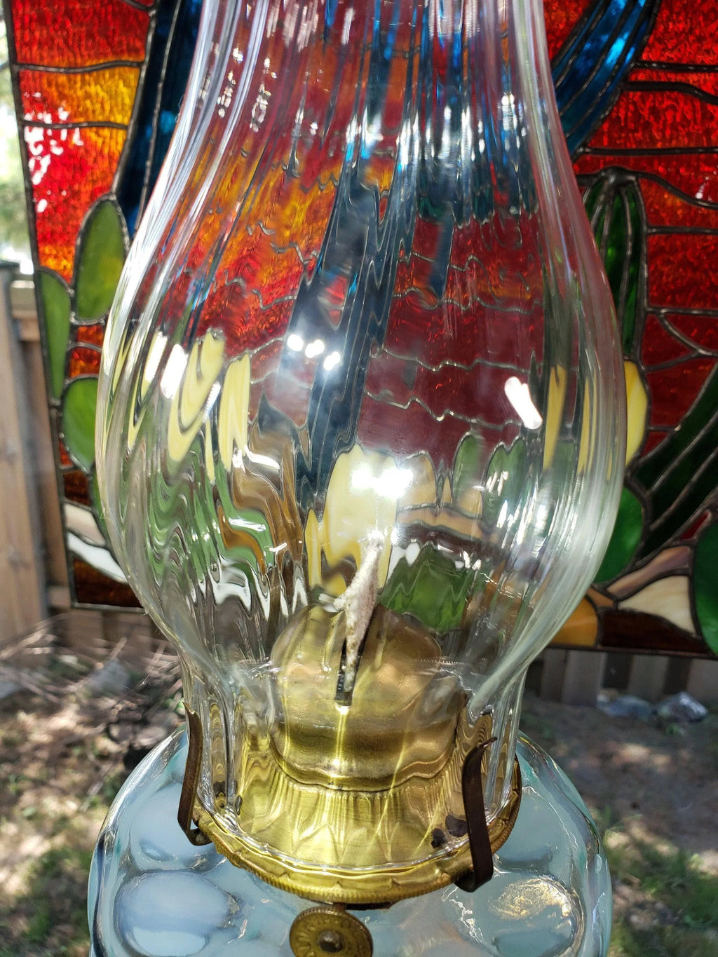 Blue Coin Dot Oil Lamp - Rare Swirl Chimney, Chevron Stand