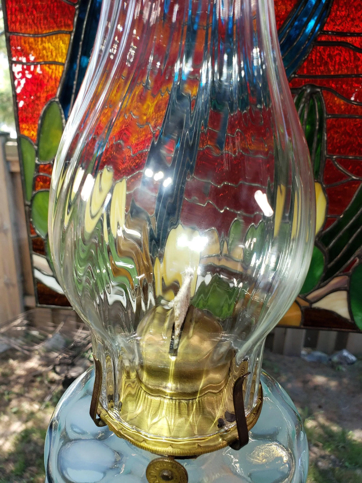 Blue Coin Dot Oil Lamp - Rare Swirl Chimney, Chevron Stand