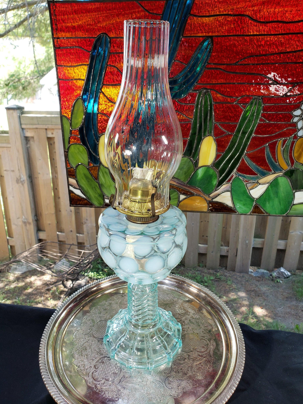 Blue Coin Dot Oil Lamp - Rare Swirl Chimney, Chevron Stand