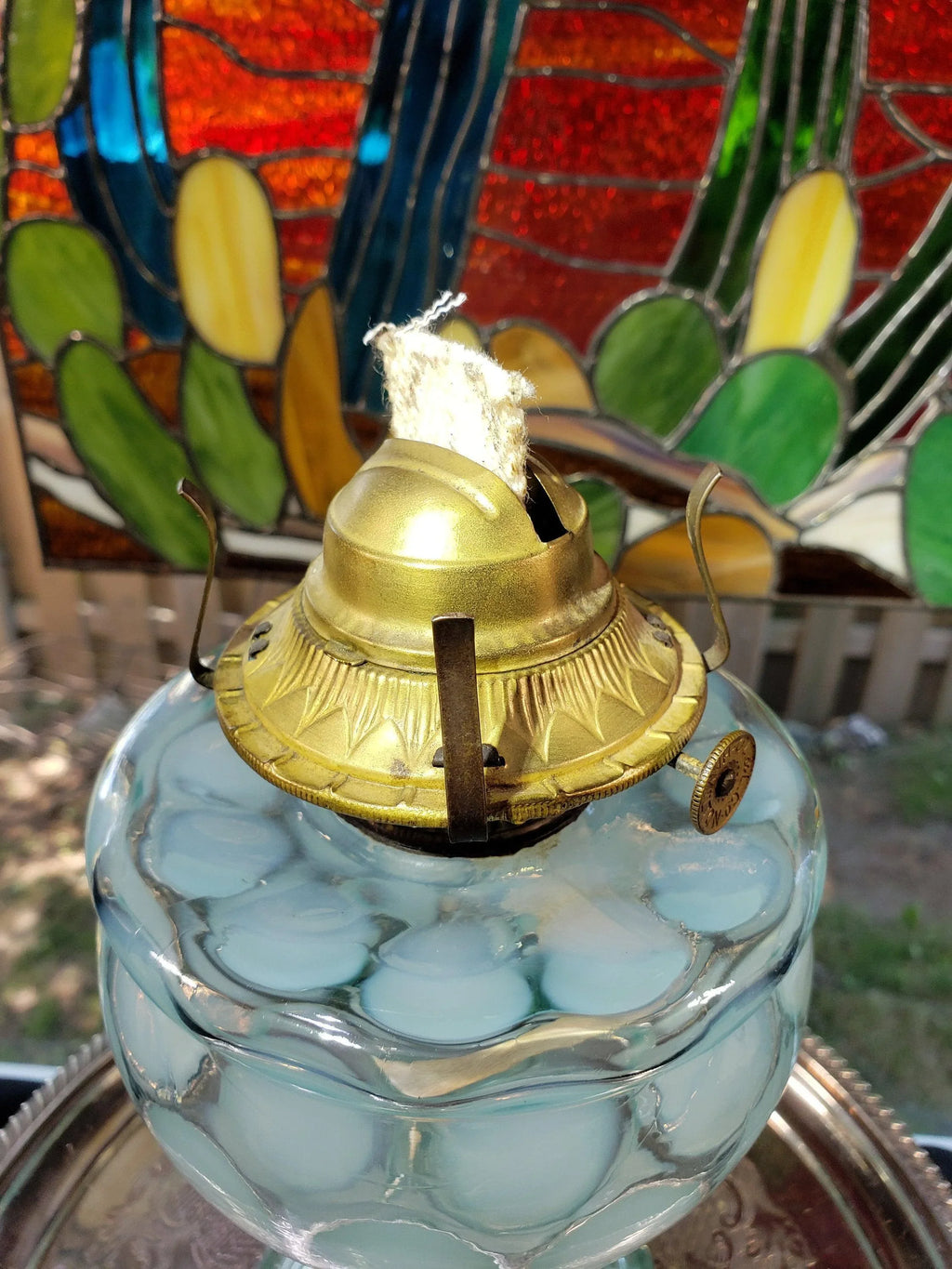 Blue Coin Dot Oil Lamp - Rare Swirl Chimney, Chevron Stand