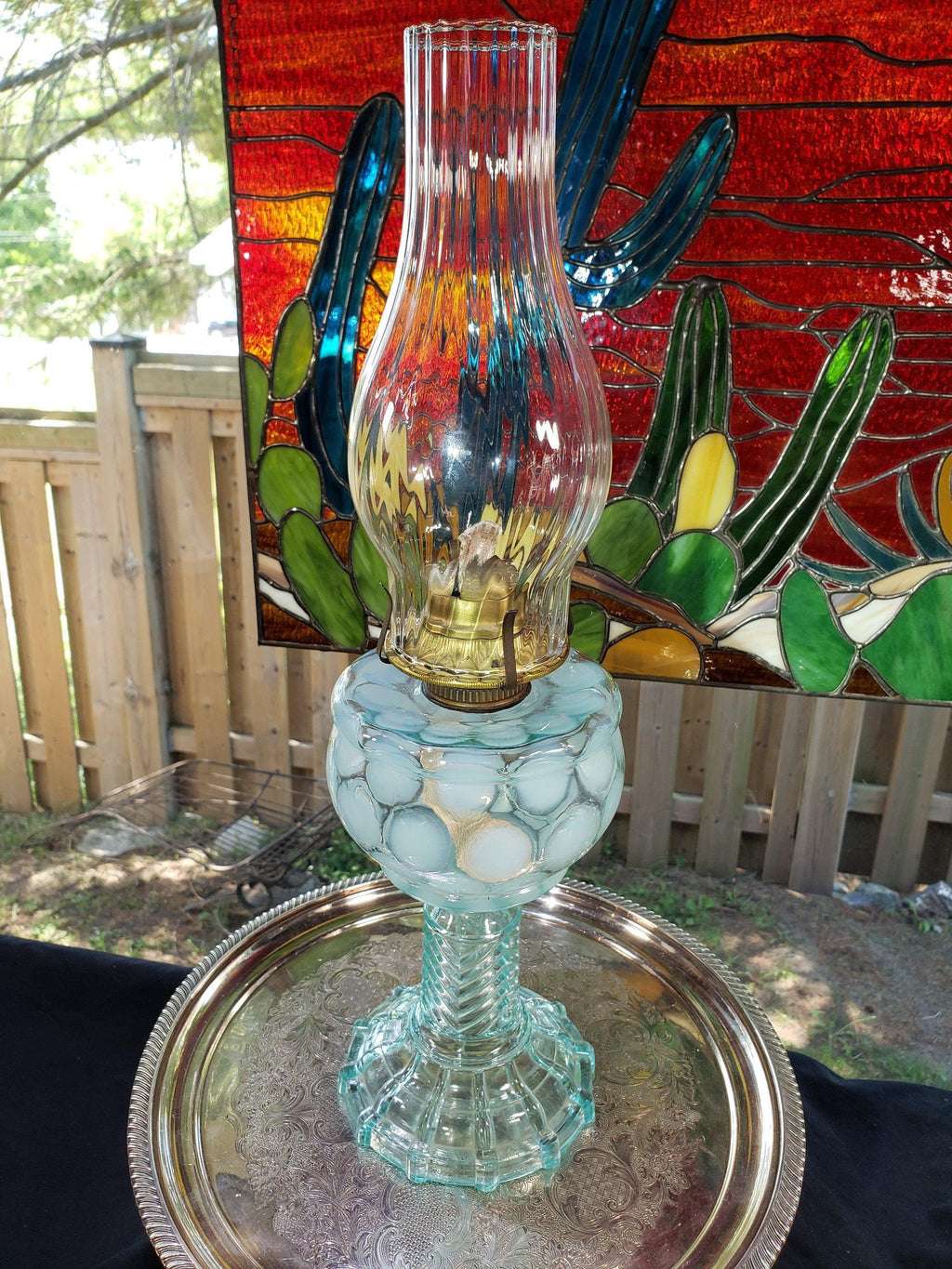 Blue Coin Dot Oil Lamp - Rare Swirl Chimney, Chevron Stand