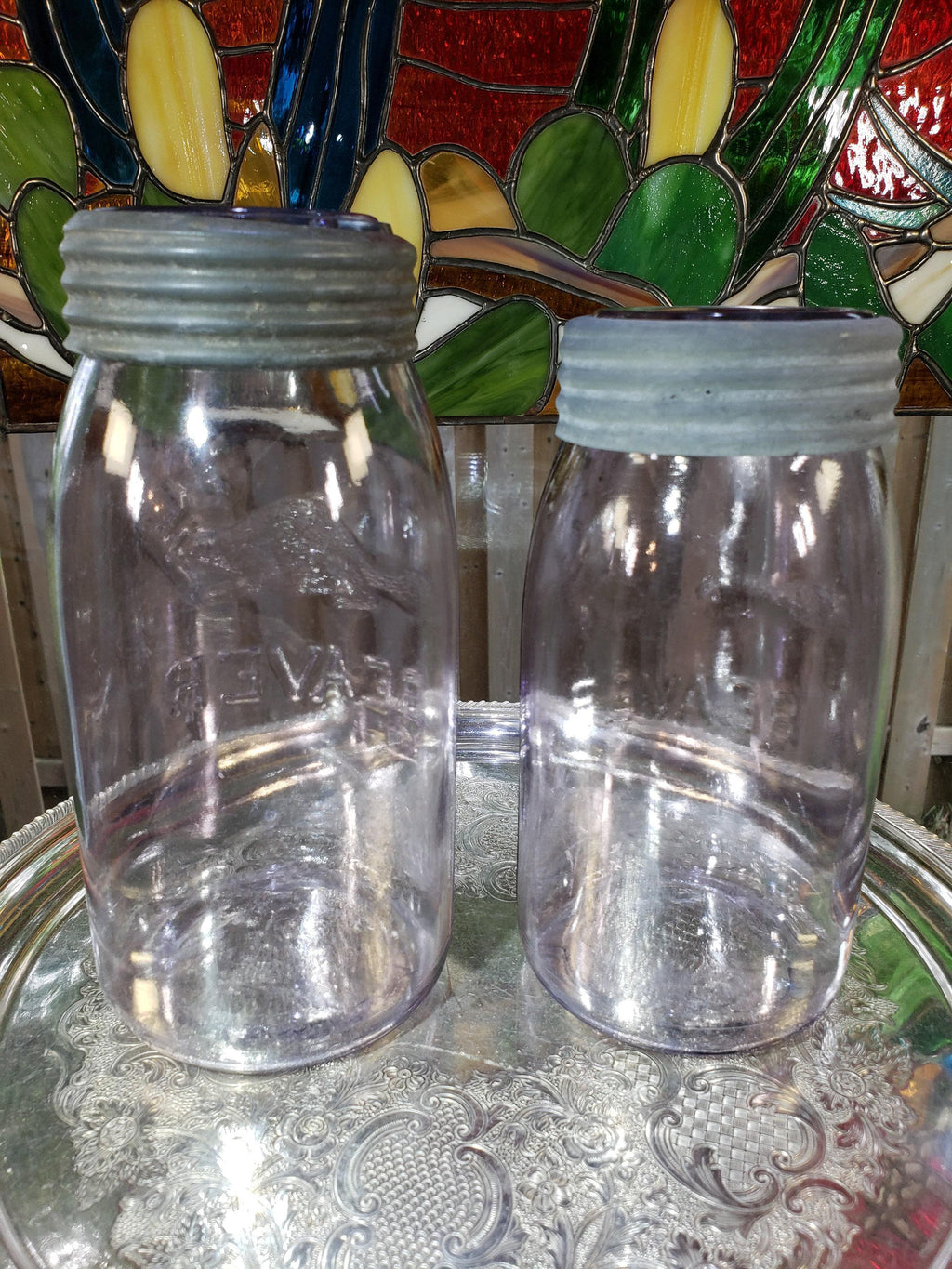 SCA Beaver Mason Jars: Canadian Amethyst Glass Pair