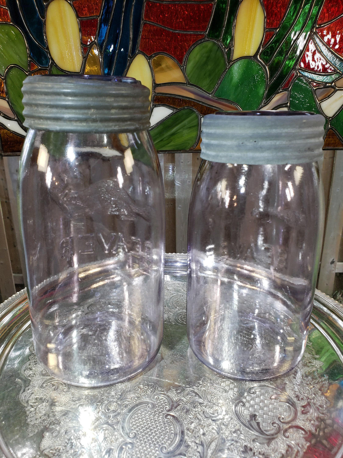 SCA Beaver Mason Jars: Canadian Amethyst Glass Pair