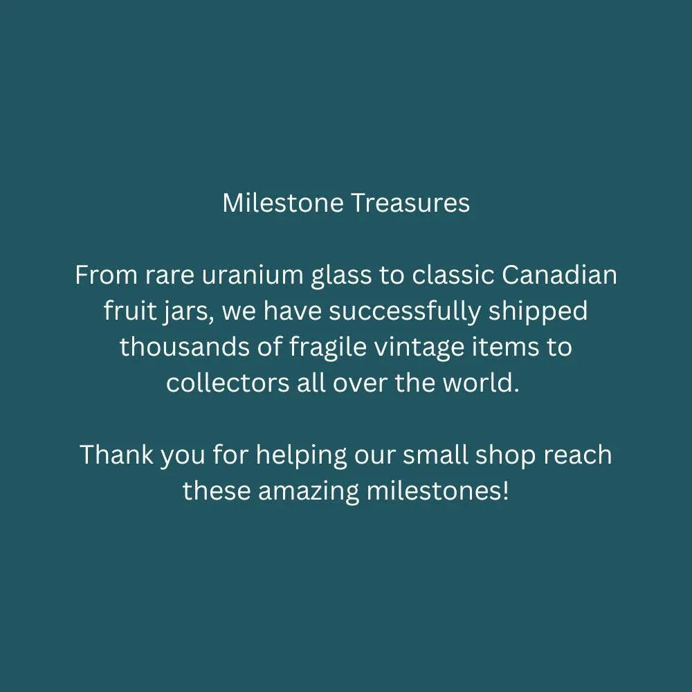 The image is a message from a small shop, expressing gratitude for the help in reaching milestones, and it is a milestone message from the shop to the collectors. The message is about shipping thousands of fragile vintage items to collectors all over the world using rare Uranium glass.