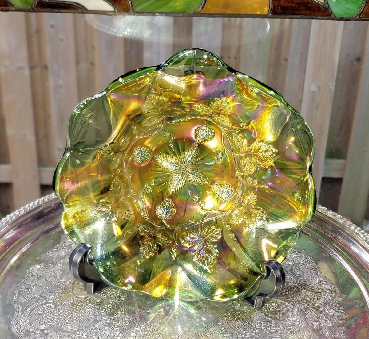 Millersburg Carnival Glass Bowl - Green Gold Grape Pattern, 7 Inch