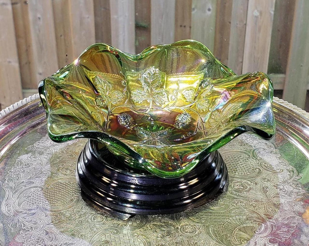 Millersburg Carnival Glass Bowl - Green Gold Grape Pattern, 7 Inch