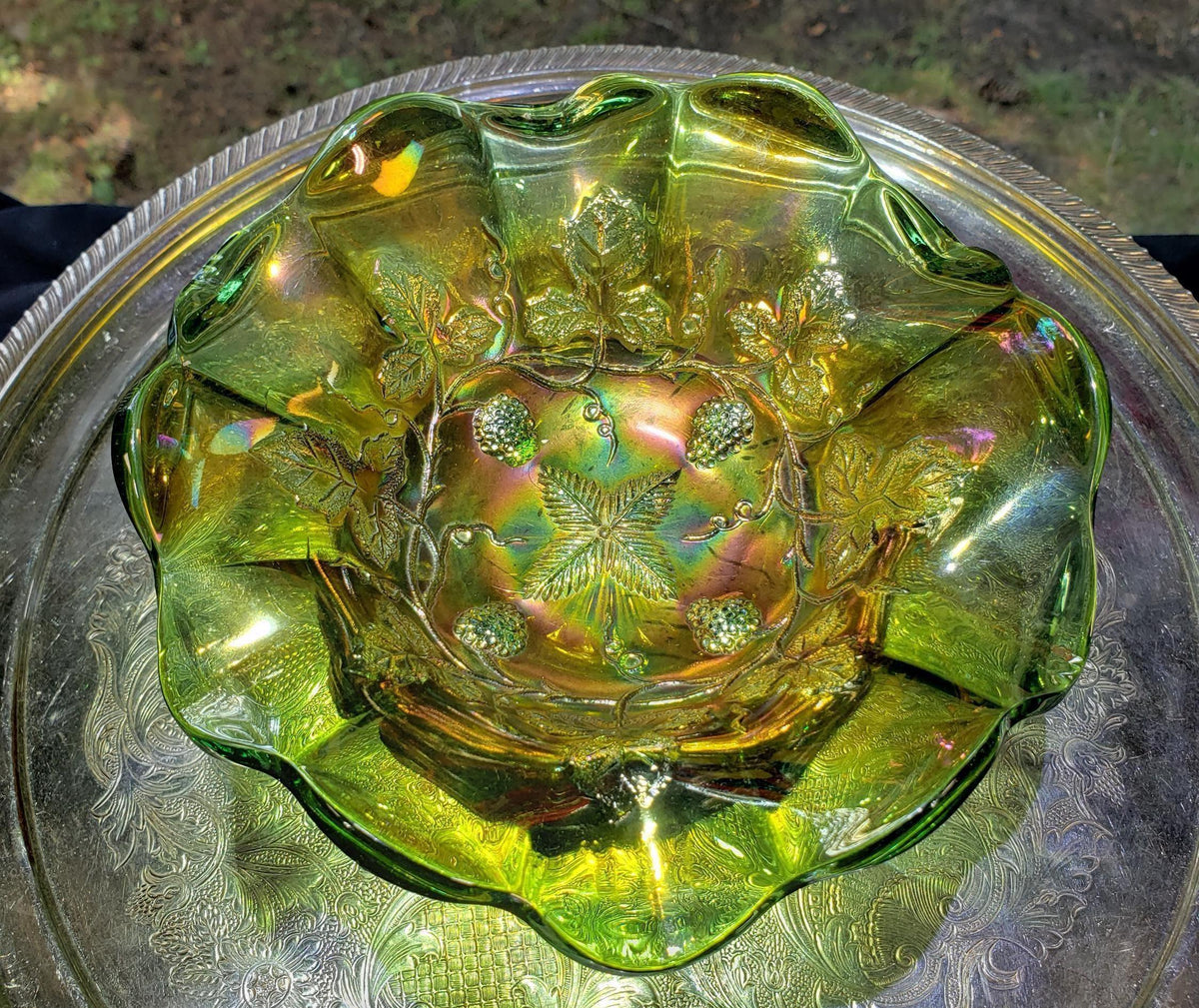 Millersburg Carnival Glass Bowl - Green Gold Grape Pattern, 7 Inch