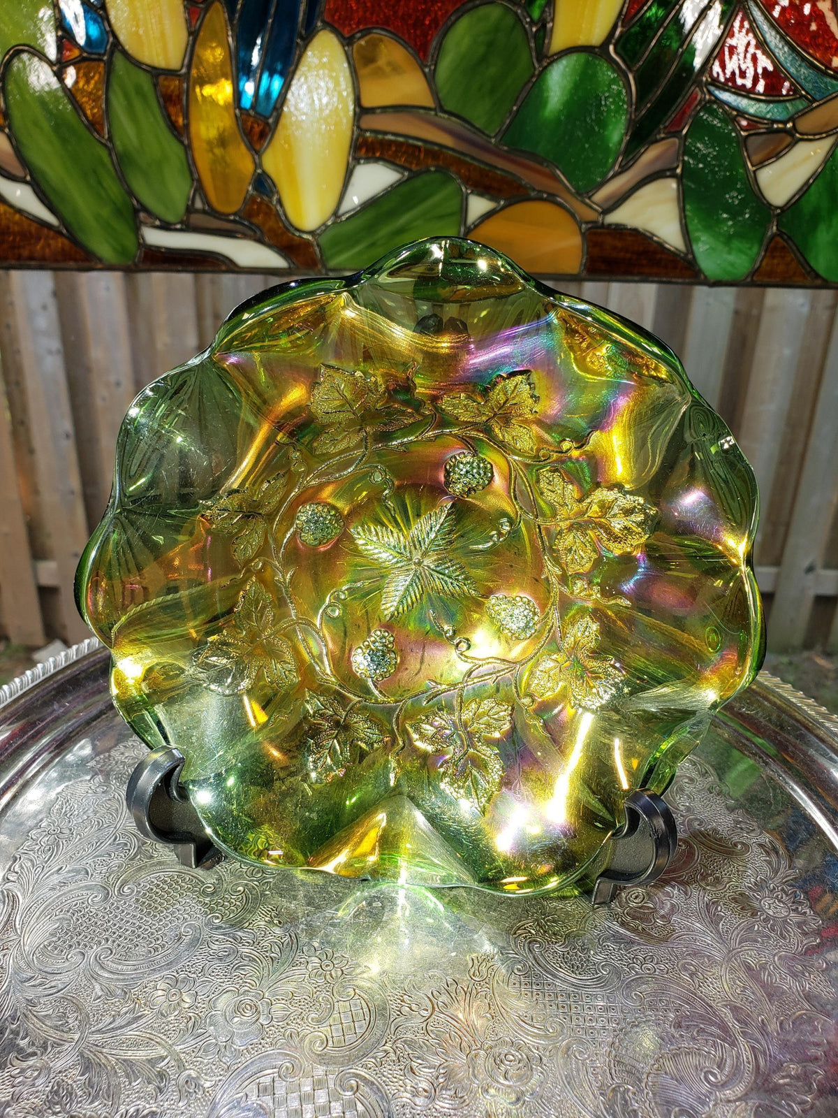 Millersburg Carnival Glass Bowl - Green Gold Grape Pattern, 7 Inch