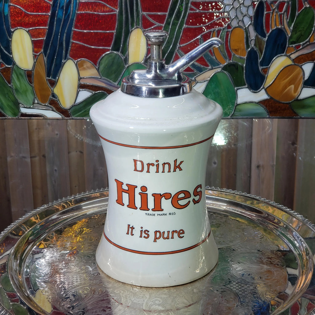 1920s Hires Syrup Dispenser: Porcelain with Silver Pump