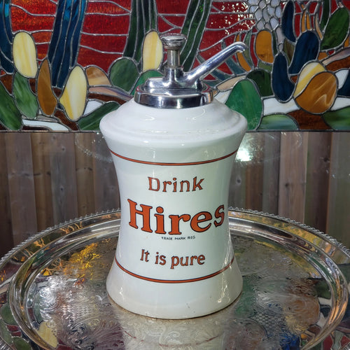 1920s Hires Syrup Dispenser: Porcelain with Silver Pump