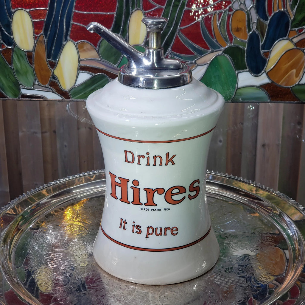 1920s Hires Syrup Dispenser: Porcelain with Silver Pump