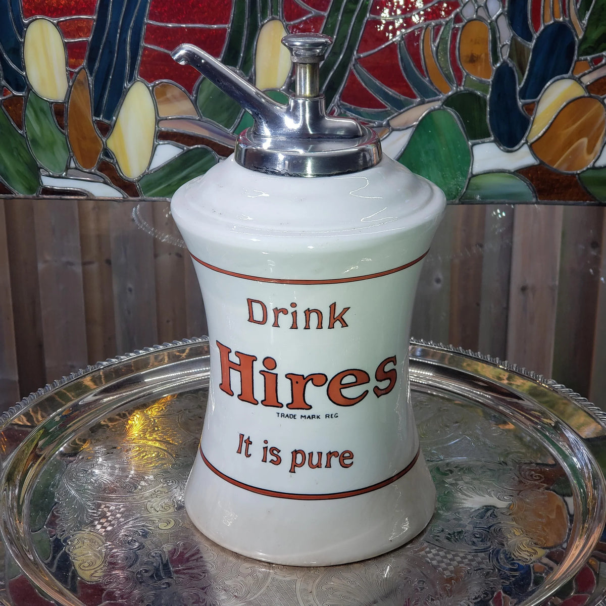 1920s Hires Syrup Dispenser: Porcelain with Silver Pump