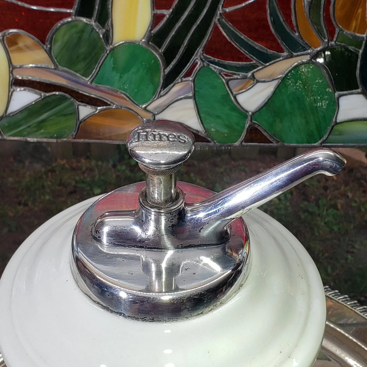 1920s Hires Syrup Dispenser: Porcelain with Silver Pump