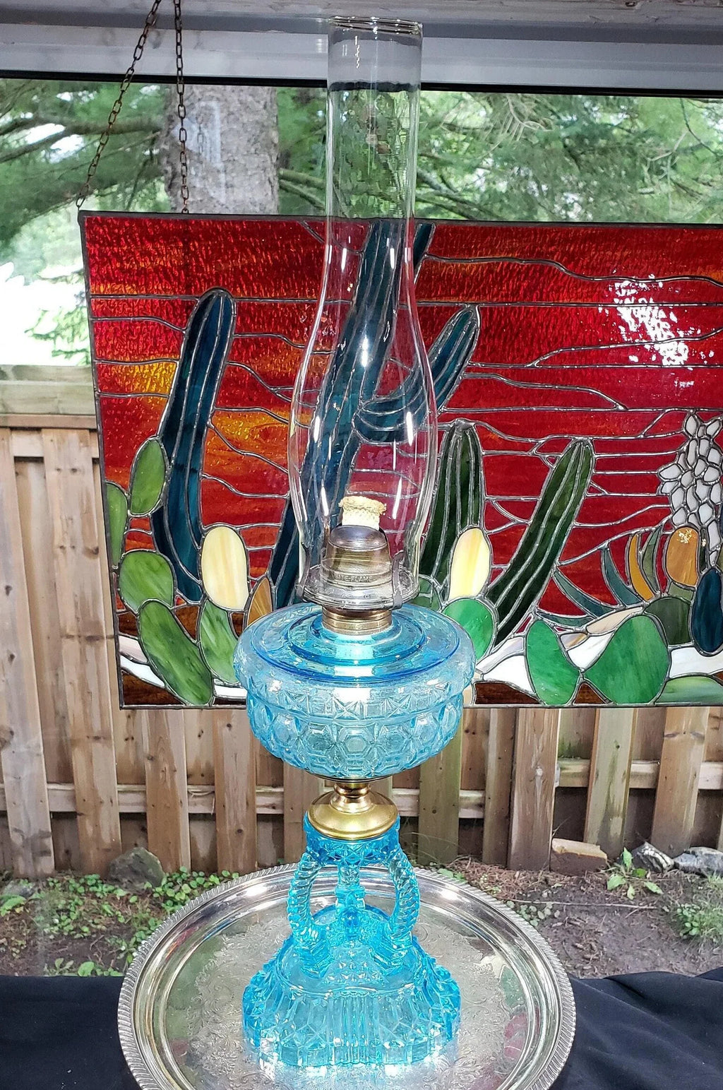 Blue Glass Oil Lamp - Victorian Style, Burlington 1890s