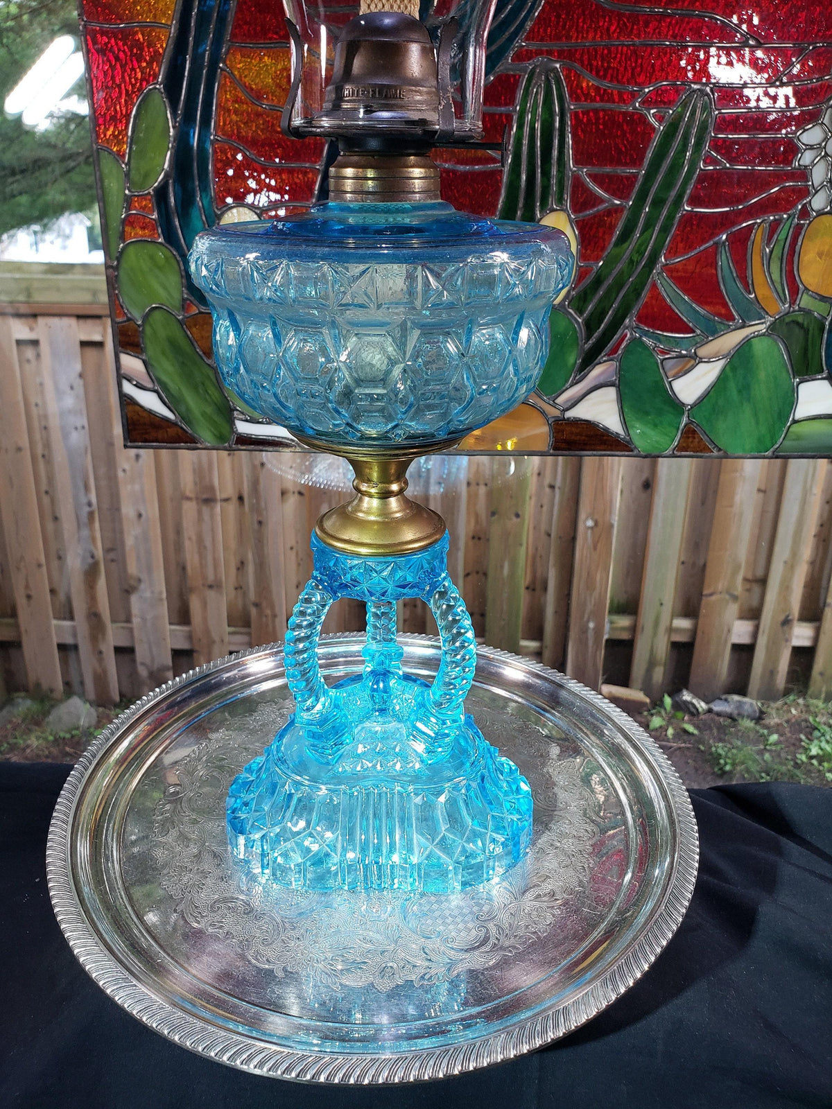 Blue Glass Oil Lamp - Victorian Style, Burlington 1890s