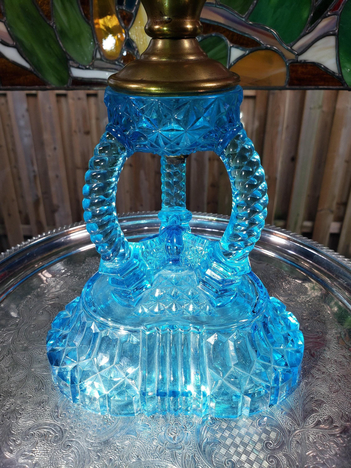 Blue Glass Oil Lamp - Victorian Style, Burlington 1890s