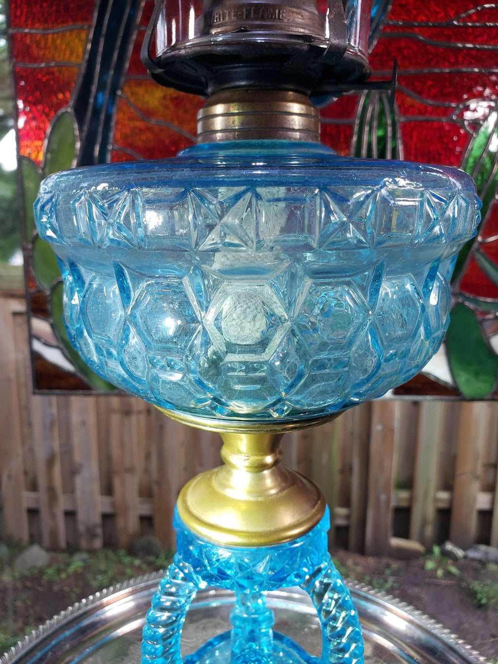 Blue Glass Oil Lamp - Victorian Style, Burlington 1890s