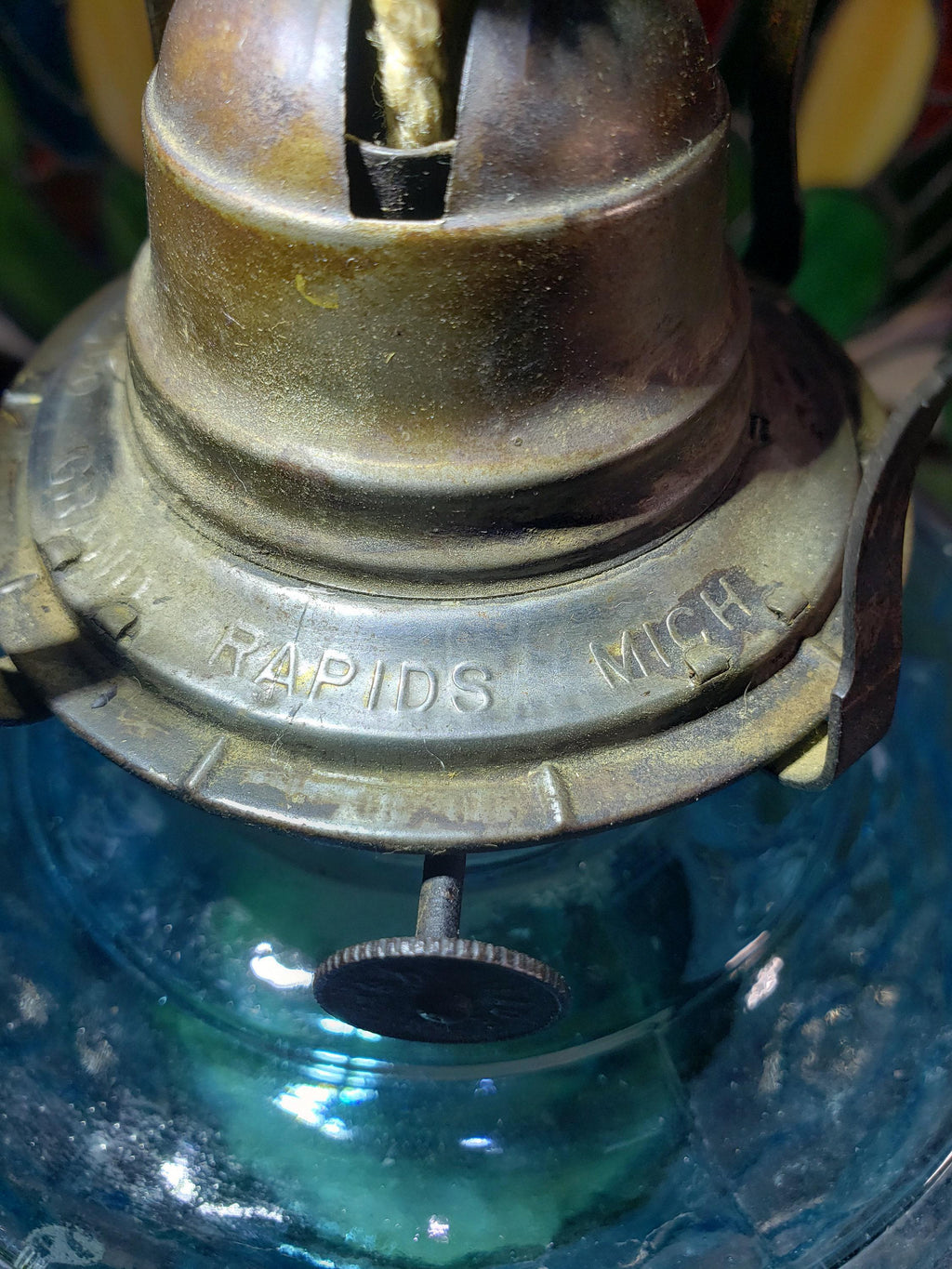Blue Glass Oil Lamp - Victorian Style, Burlington 1890s