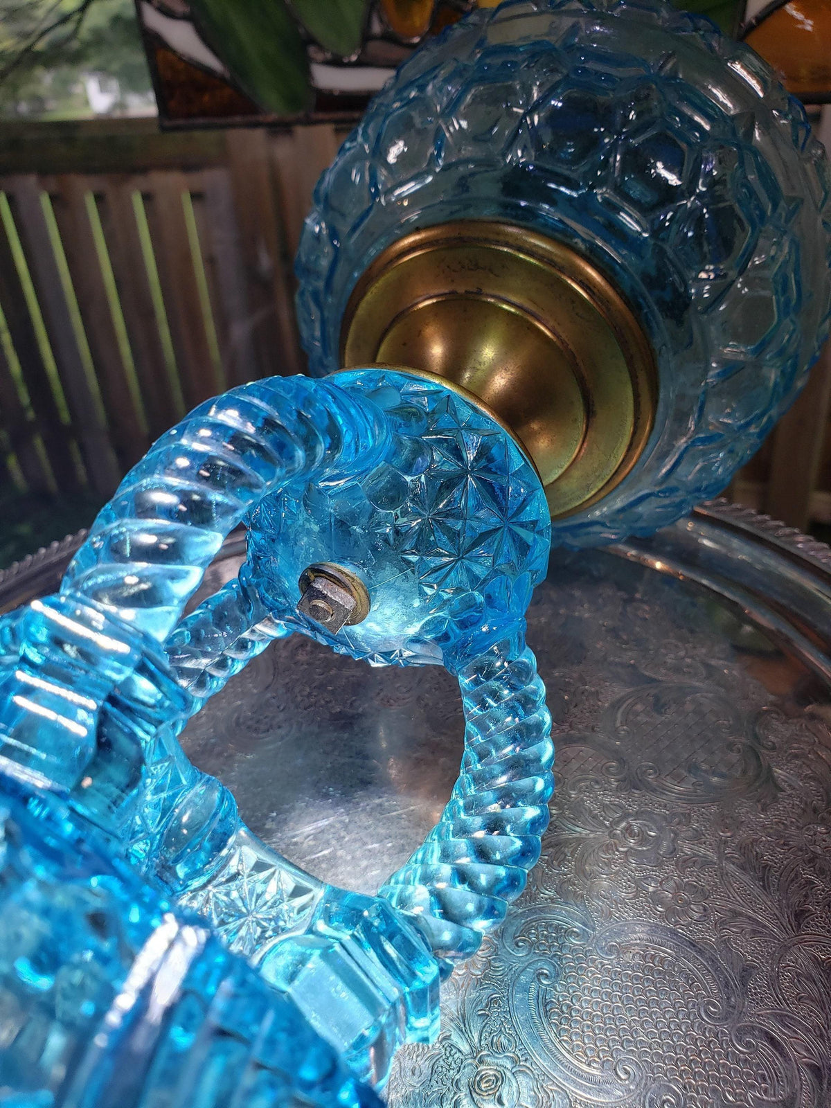 Blue Glass Oil Lamp - Victorian Style, Burlington 1890s