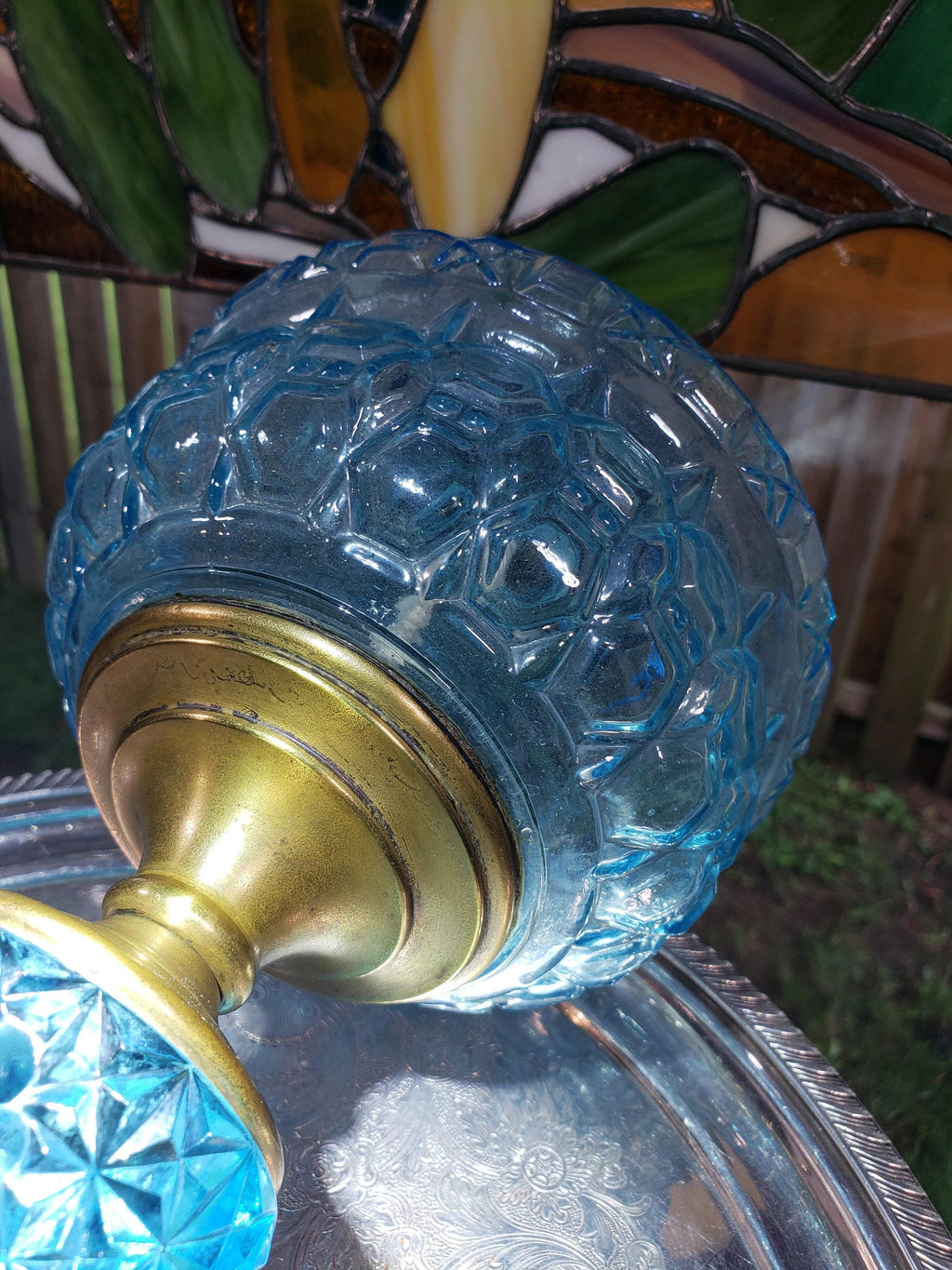 Blue Glass Oil Lamp - Victorian Style, Burlington 1890s