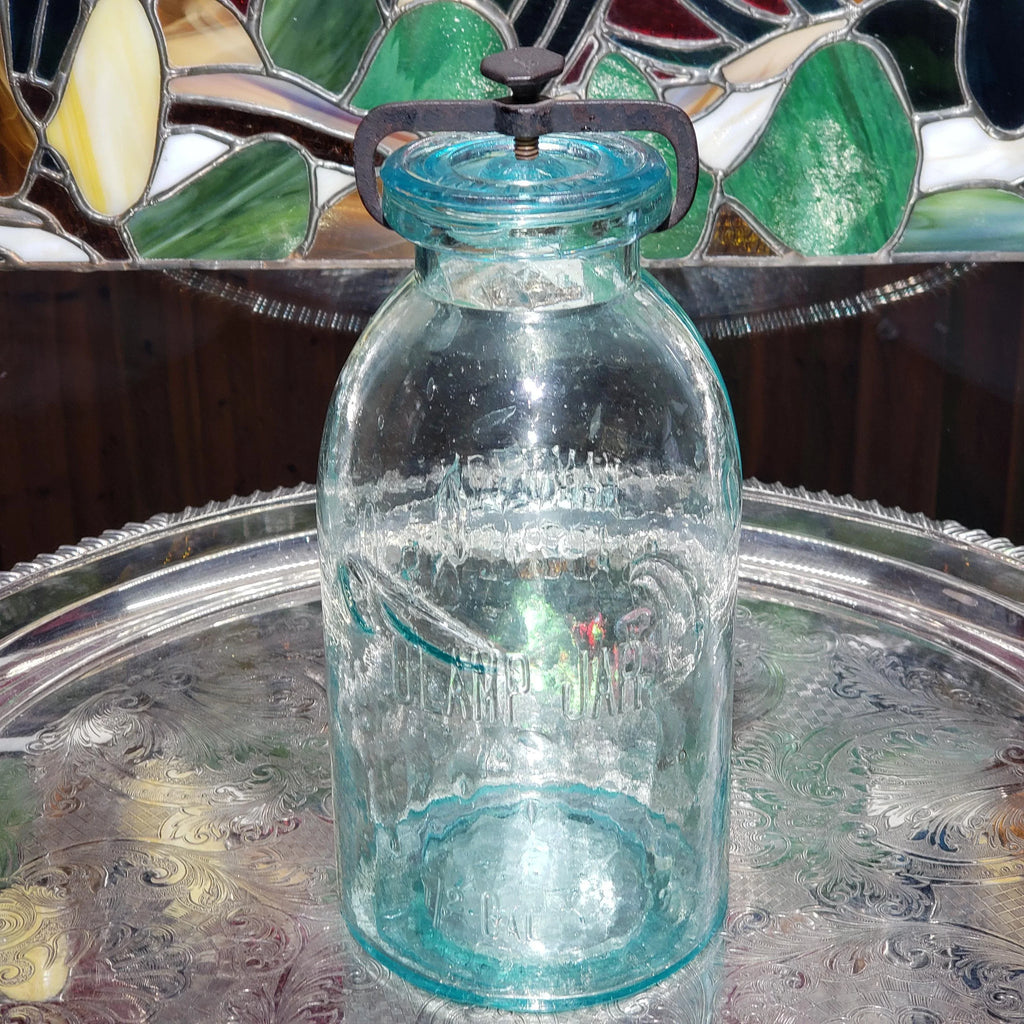 Hamilton Glass Works Jar: Whittled Aqua Half Gallon with Embossed C Error