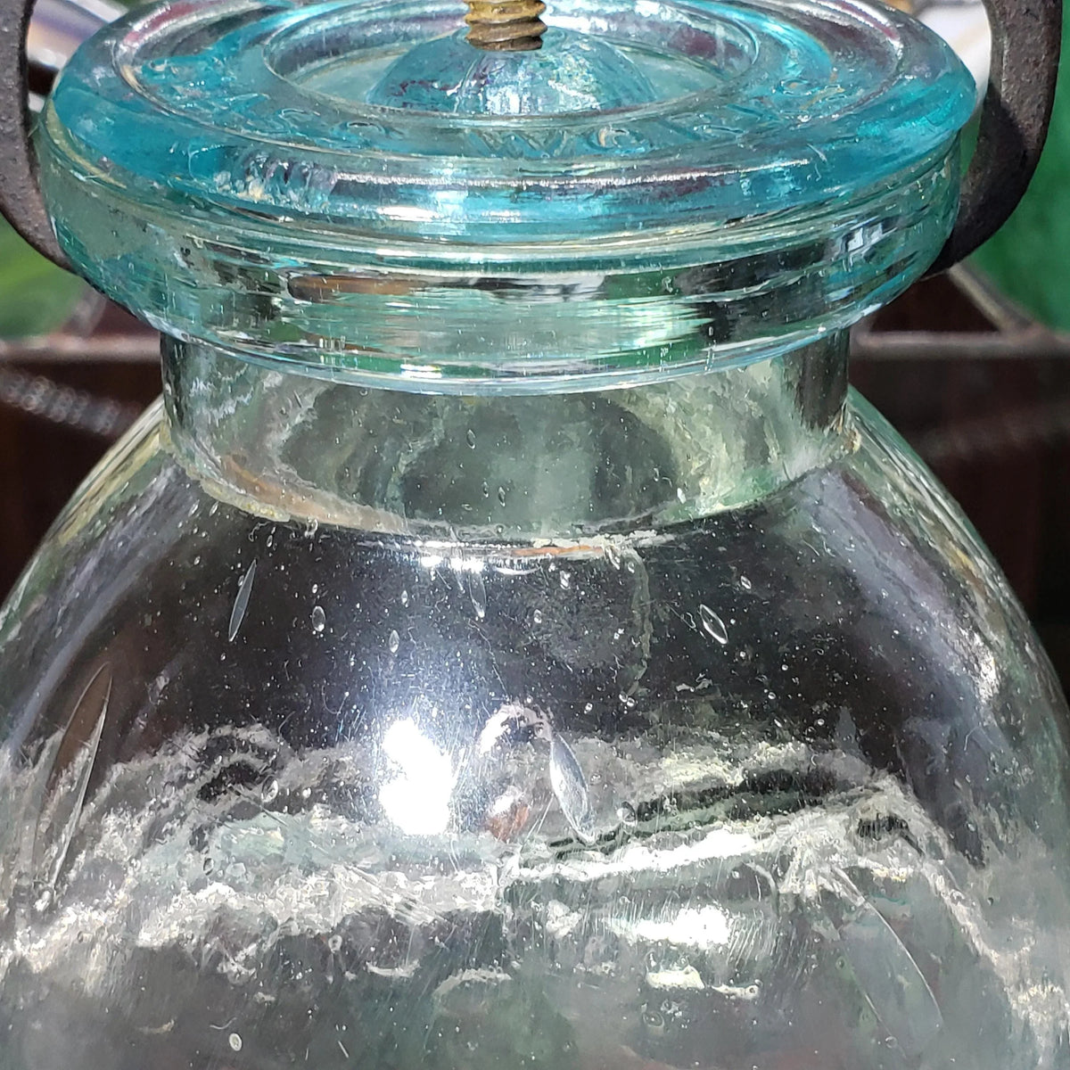 Hamilton Glass Works Jar: Whittled Aqua Half Gallon with Embossed C Error