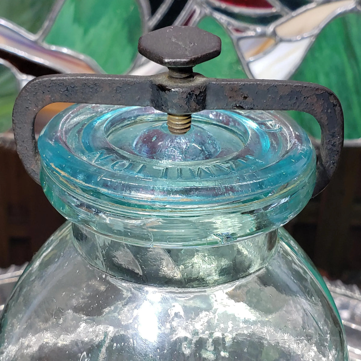 Hamilton Glass Works Jar: Whittled Aqua Half Gallon with Embossed C Error