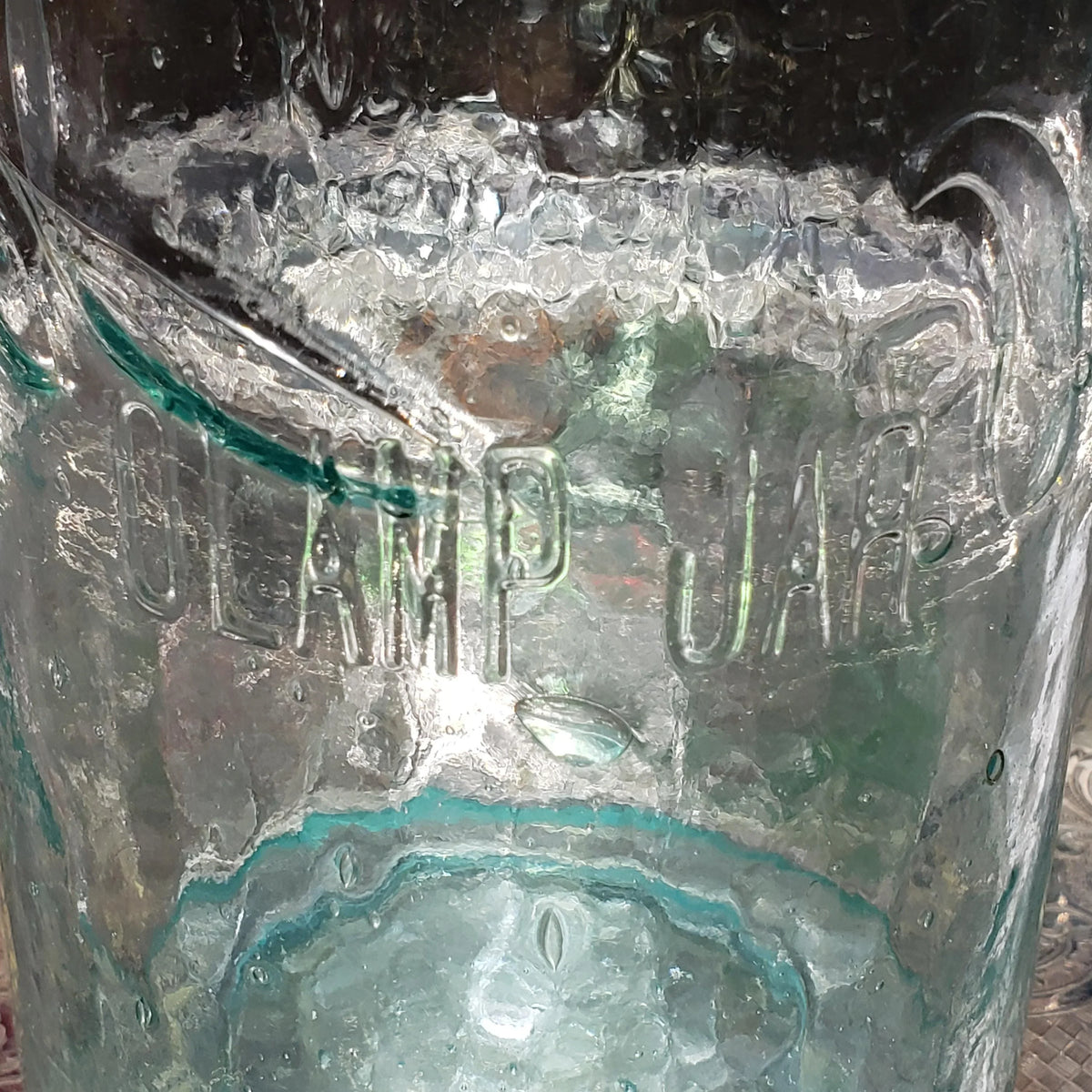 Hamilton Glass Works Jar: Whittled Aqua Half Gallon with Embossed C Error