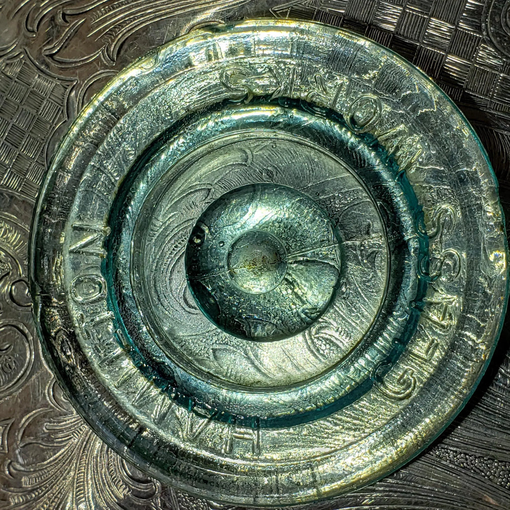 Hamilton Glass Works Jar: Whittled Aqua Half Gallon with Embossed C Error