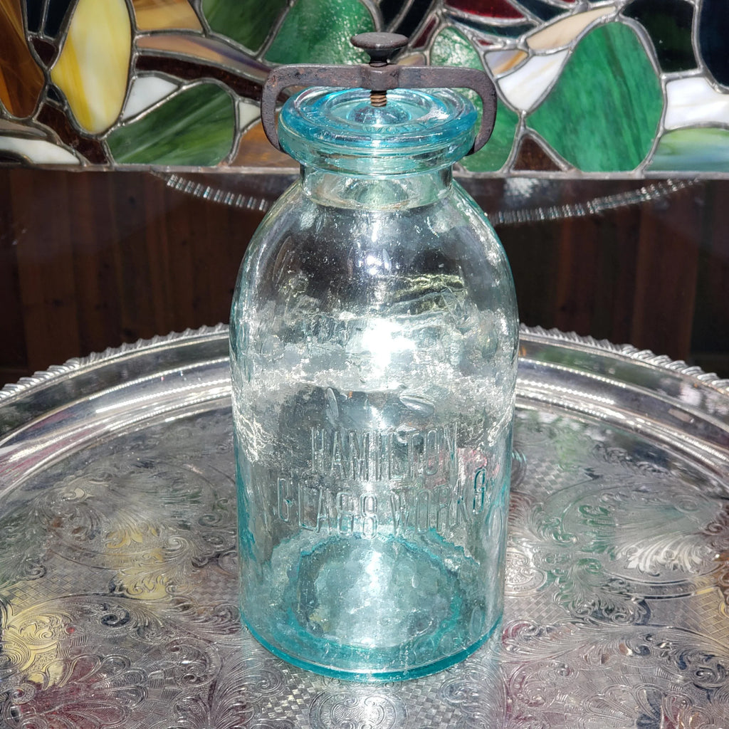 Hamilton Glass Works Jar: Whittled Aqua Half Gallon with Embossed C Error