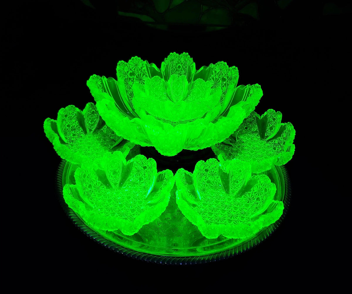 Uranium Glass Berry Bowl Set: Daisy Button Vaseline Glass (Victorian Era)