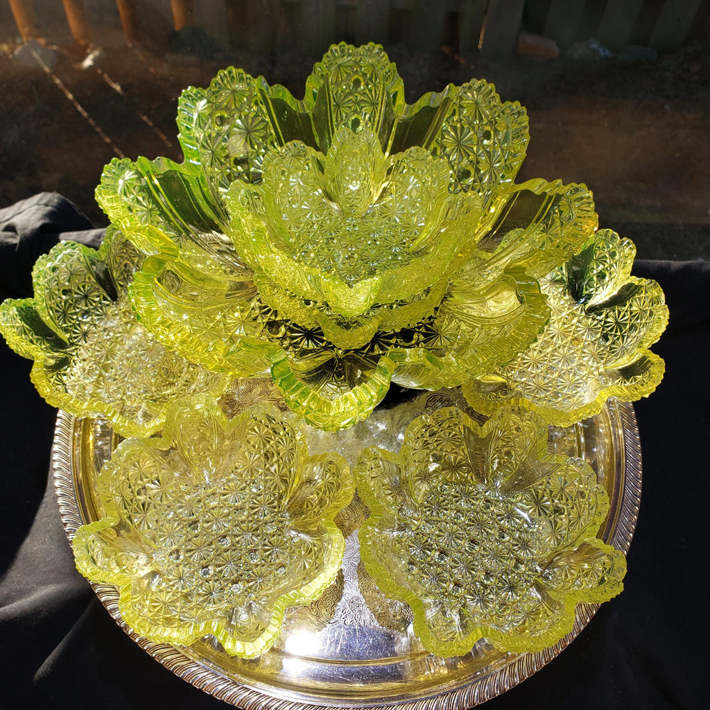 Uranium Glass Berry Bowl Set: Daisy Button Vaseline Glass (Victorian Era)
