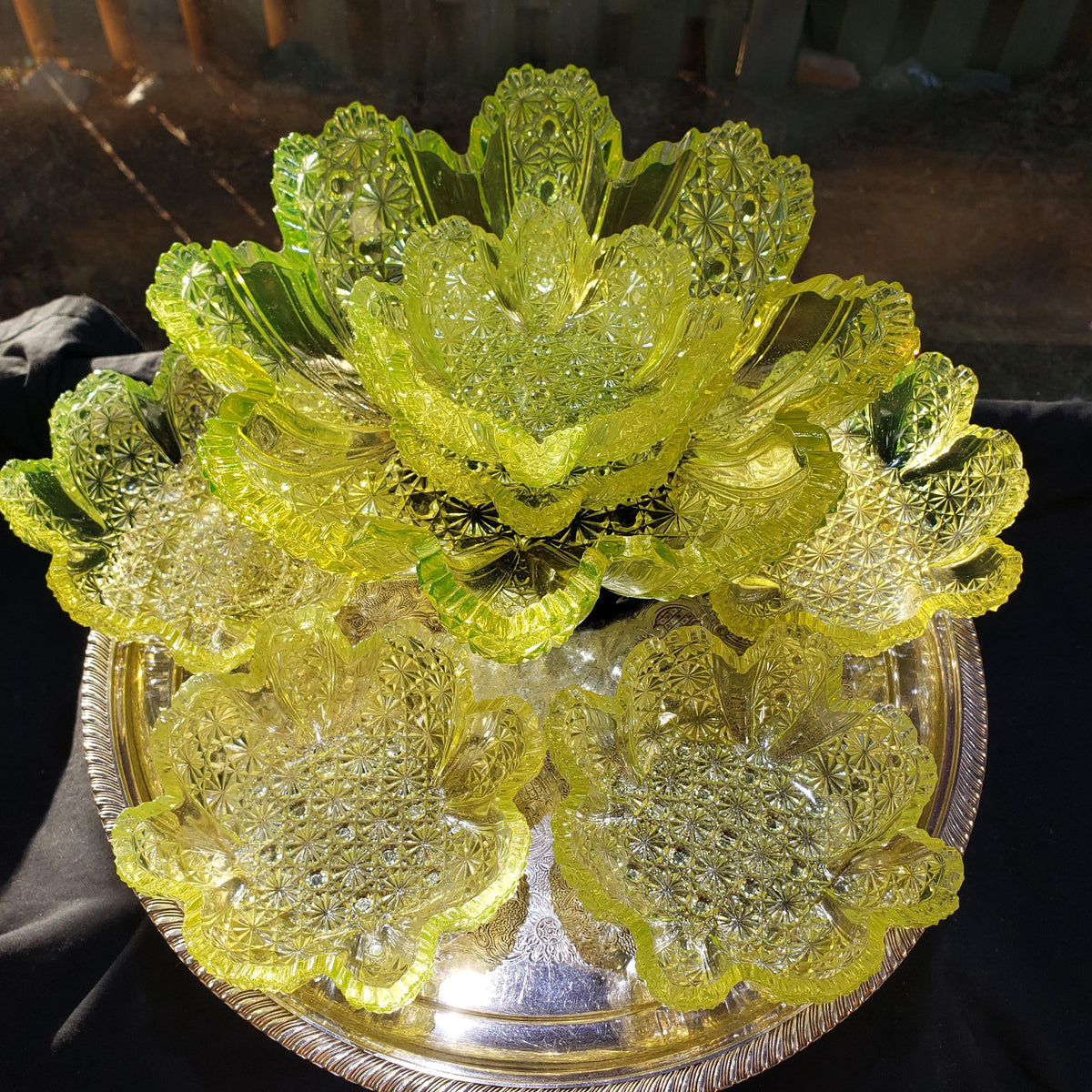 Uranium Glass Berry Bowl Set: Daisy Button Vaseline Glass (Victorian Era)