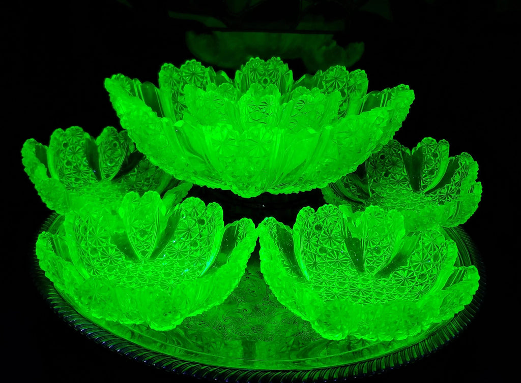 Uranium Glass Berry Bowl Set: Daisy Button Vaseline Glass (Victorian Era)