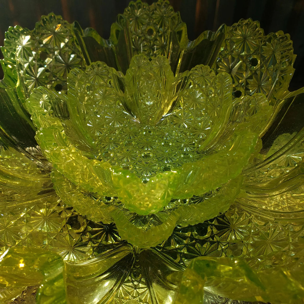 Uranium Glass Berry Bowl Set: Daisy Button Vaseline Glass (Victorian Era)