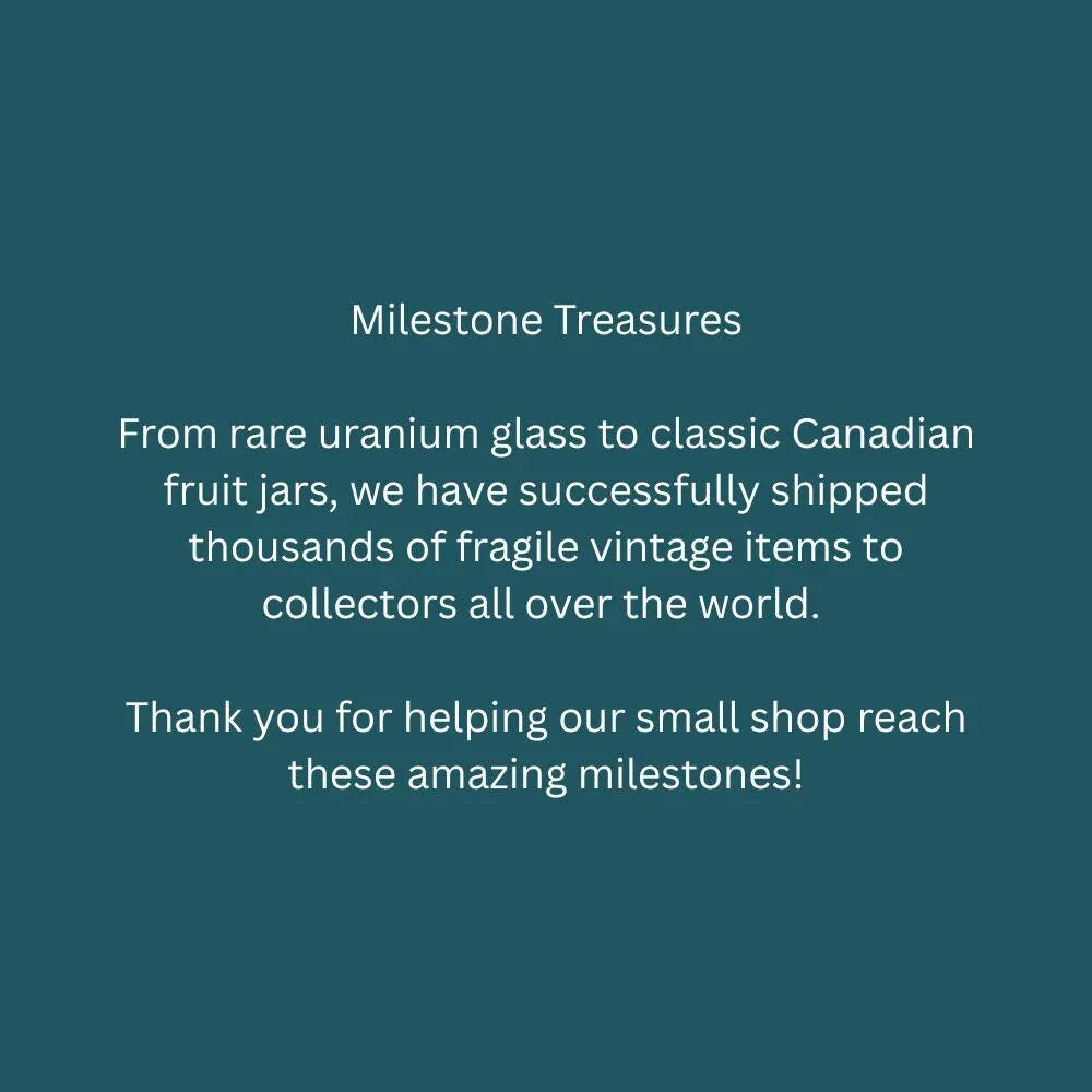 The image is a message from a small shop, expressing gratitude for the help in reaching milestones, and it is a milestone message from the shop to the collectors. The message is about shipping thousands of fragile vintage items to collectors all over the world using rare Uranium glass.