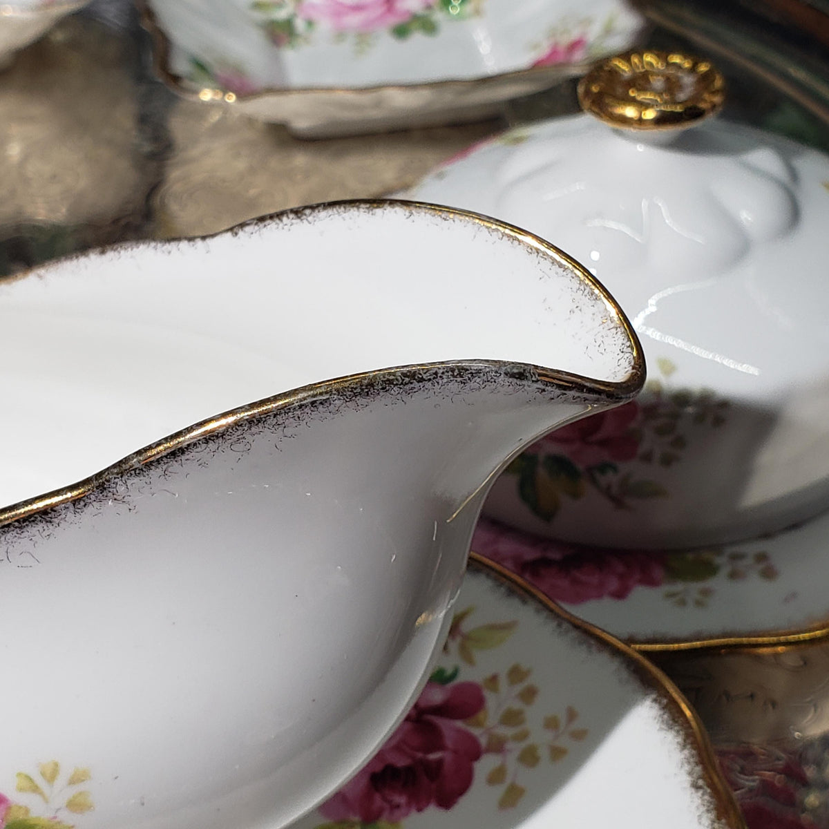 Royal Albert Porcelain Set, American Beauty Pink Rose (Gravy Boat & Plates)