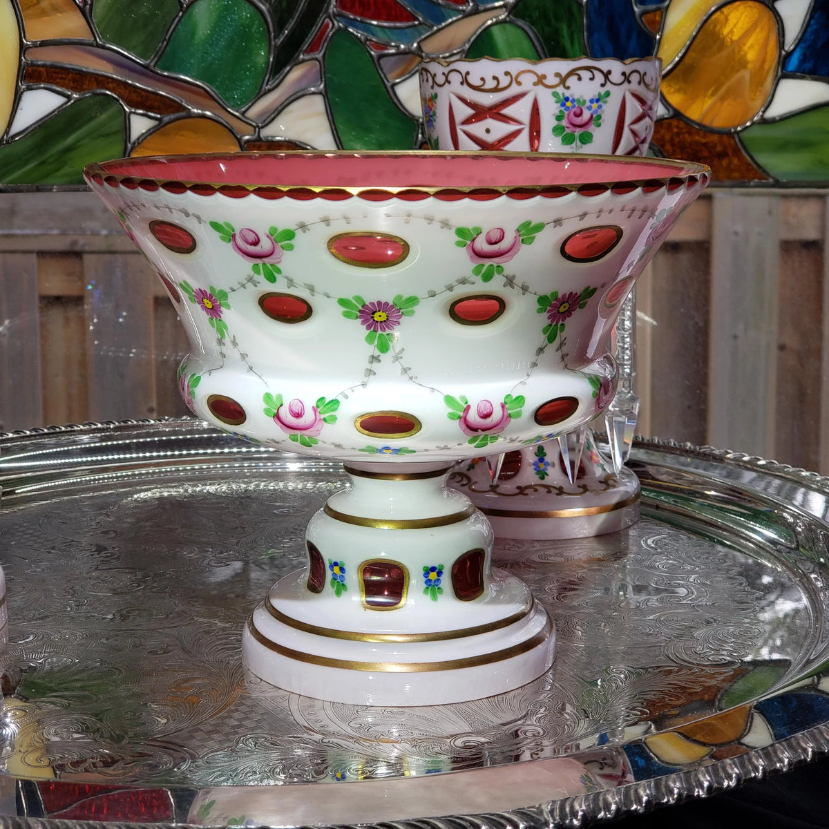 Mantle Lusters Set: Czech Pink Glass - Gold Trim, Matching Bowl